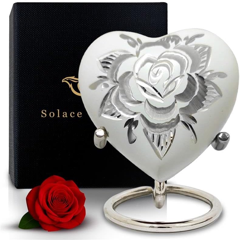 Mini Urns for Human Ashes - Heart-Shaped Keepsake Urn with Rose Engraving