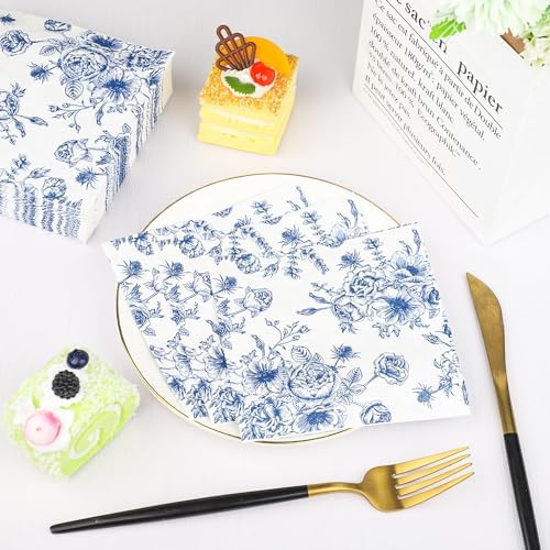 50PCS Blue Floral Cocktail Napkins 3-Ply Disposable