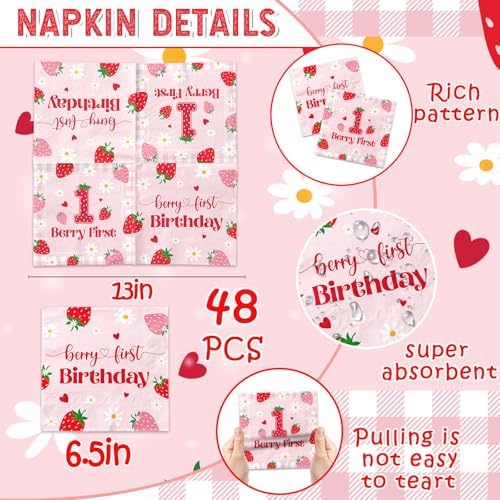 48pcs Strawberry First Birthday Napkins for Girls