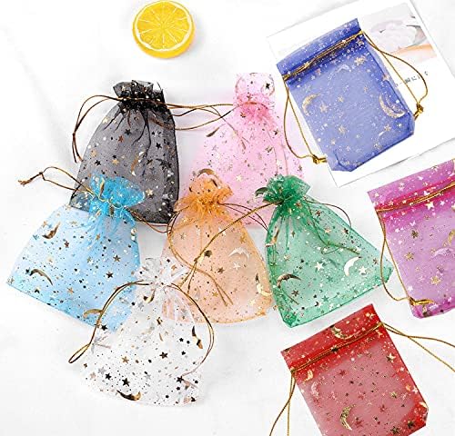 SUMAJU 100 Piece Moon Star Organza Jewelry Candy Bags Gift Pouch with Drawstring