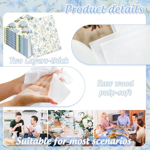 AnyDesign 100 Pcs Blue Floral Paper Napkins for Home Kitchen Parties