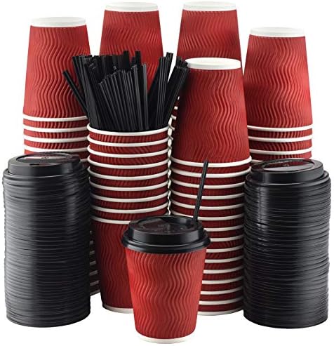 NYHI 100 Pack 12 oz Red Paper Cups with Black Lids