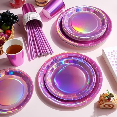 FunnyPars Iridescent Pink Party Plates Set for 25 Guests