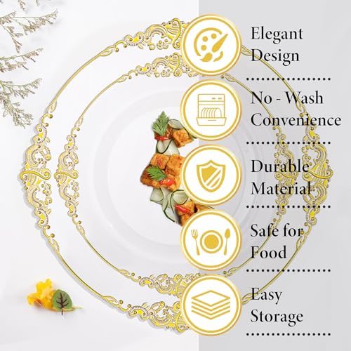 Nervure 175PCS Clear Gold Plastic Plates Set for 25 Guests
