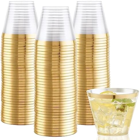 Hioasis 200Pcs 9OZ Clear Cups with Gold Trim