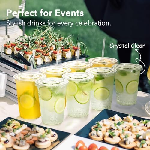100 Pack 16 Oz Clear Plastic Cups with Lids and Straws