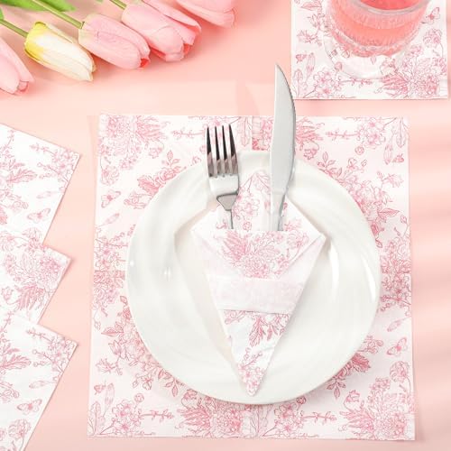100 Pcs Pink Floral Napkins with White Toile Design