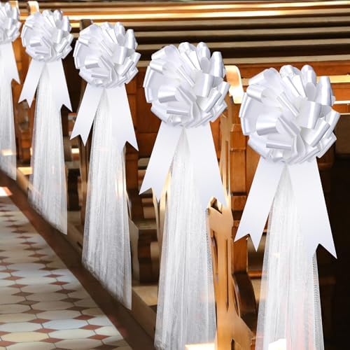 Dingion 30pcs White Wedding Pew Bows with Tulle