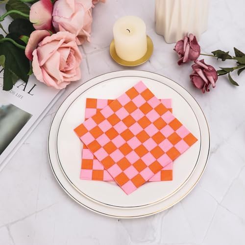 100 Pcs Plaid Paper Napkins Pink Orange Party Use