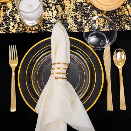 WELLIFE 600 Piece Gold Trim Plastic Dinnerware Set for Party
