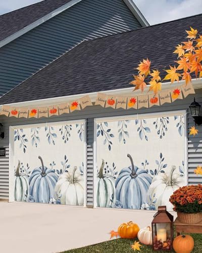 Fall Garage Door Banner 7x8 ft Blue Pumpkin Eucalyptus Leaf