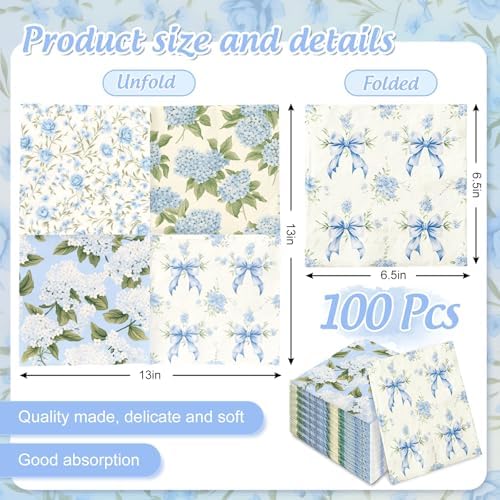 AnyDesign 100 Pcs Blue Floral Paper Napkins for Home Kitchen Parties