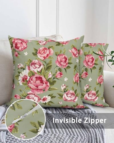 Outdoor Waterproof Throw Pillows Pink Flowers Peony Sage Green Pack of 2