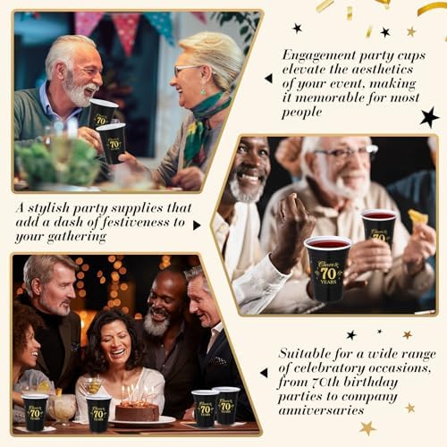 50 Pack 16 oz Gold and Black 70th Birthday Cups