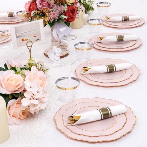 Liacere 350PCS Pink Plates with Gold Border for 50 Guests
