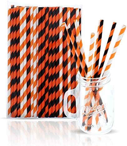 Party On Tap Paper Straws - Orange White Black Striped Pack of 100