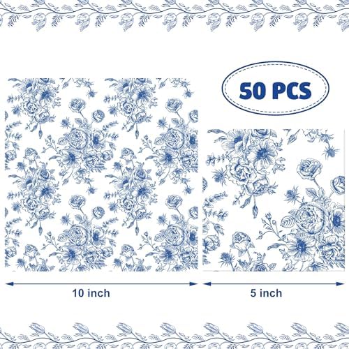 50PCS Blue Floral Cocktail Napkins 3-Ply Disposable