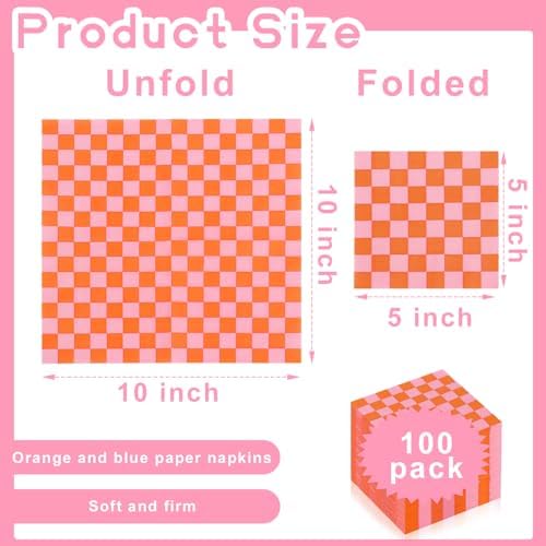 100 Pcs Plaid Paper Napkins Pink Orange Party Use