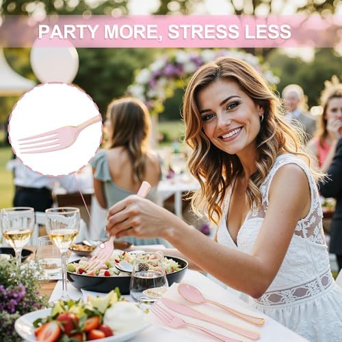 180 Piece Pink Plastic Silverware Set with Gold