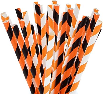 Party On Tap Paper Straws - Orange White Black Striped Pack of 100