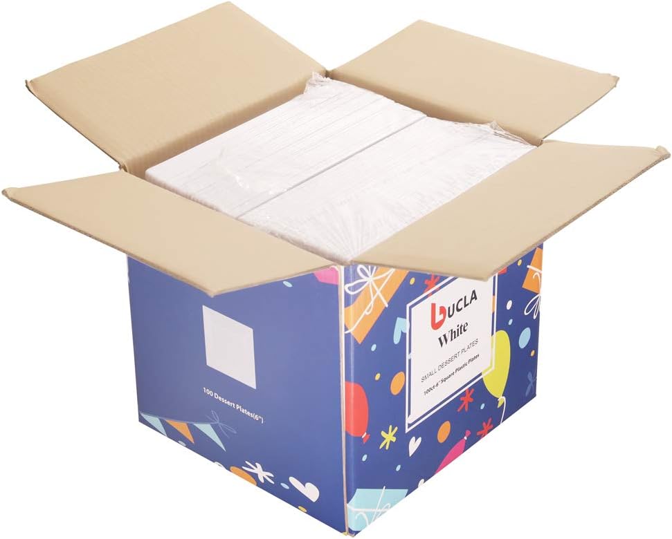 bUCLA 100PCS White Square Plastic Plates 6 Inch