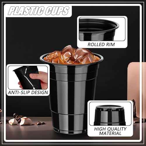 Dualshine 100 Pack Black 16 oz Plastic Cups for Parties