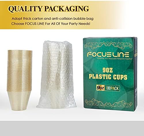 FOCUSLINE 9 oz Gold Glitter Plastic Cups 100 Count