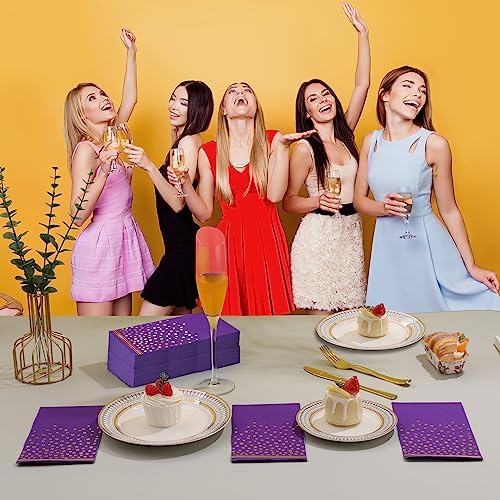 100 Pcs Purple Gold Dot Disposable Napkins for Parties