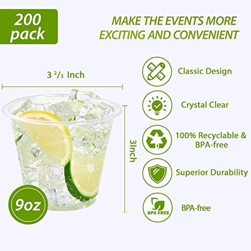 Lilymicky 200 Pack 9 Oz Clear Plastic Cups for Parties and Events