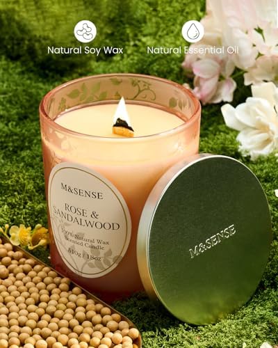MSENSE Rose Sandalwood Scented Candle Wooden Wick 18 oz