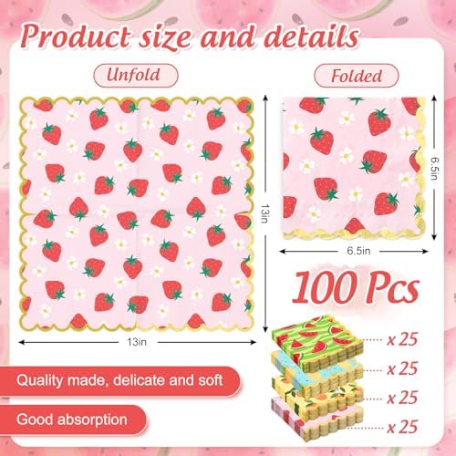 100Pcs Fruit Foil Scalloped Napkins with 4 Designs for Parties