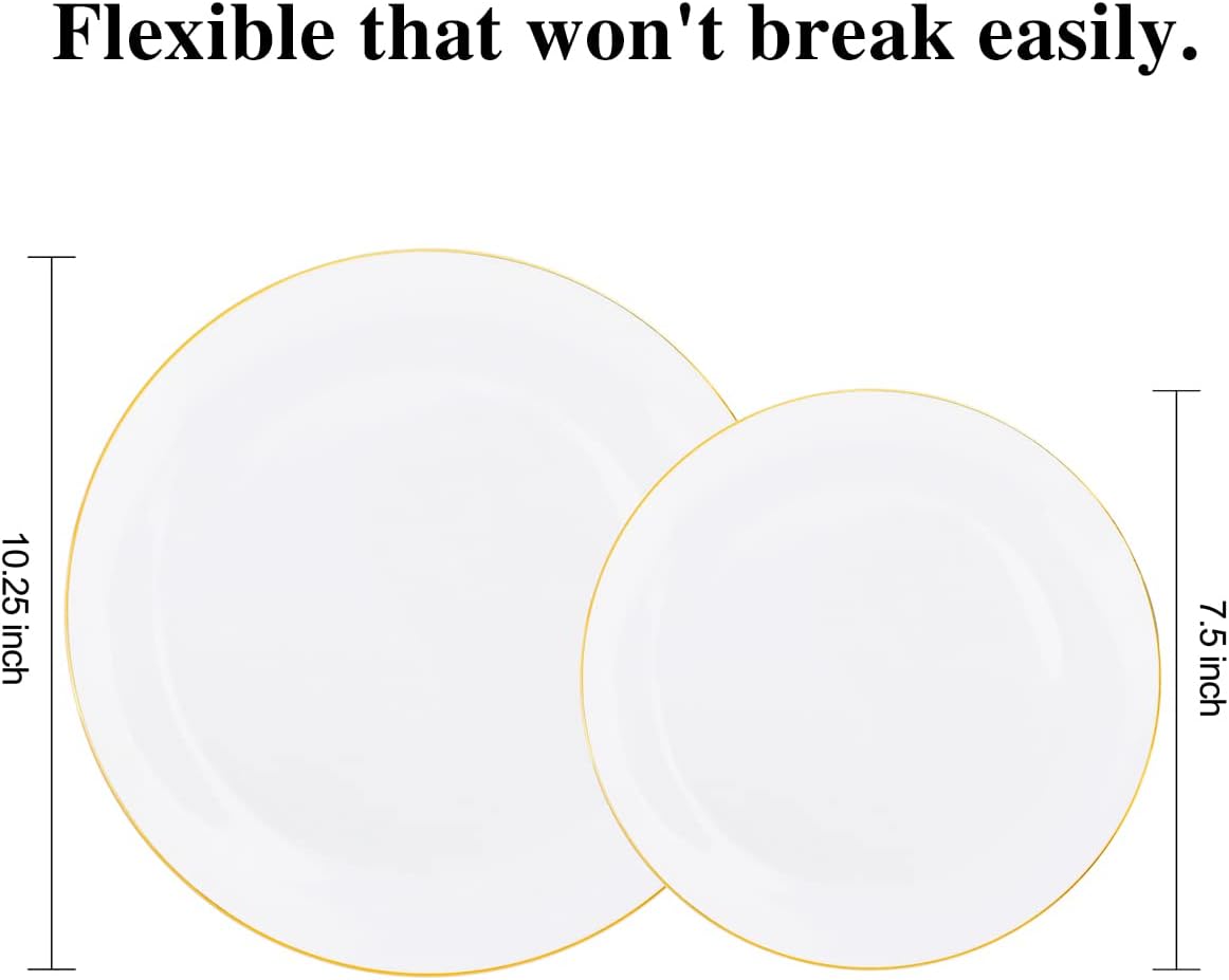 KIRE 100PCS Disposable Plates - White with Gold Rim for Party and Wedding