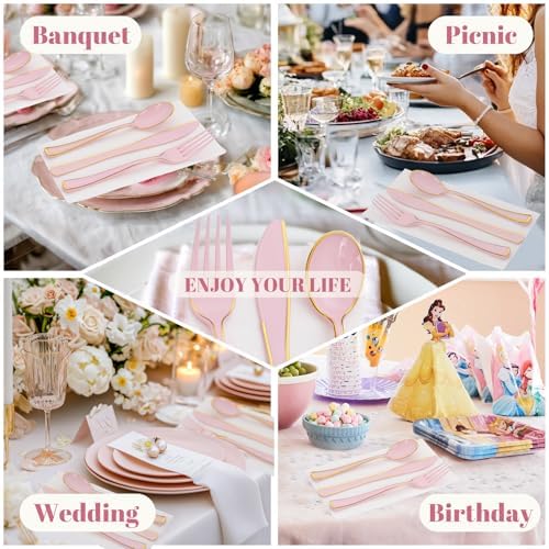 180 Piece Pink Plastic Silverware Set with Gold