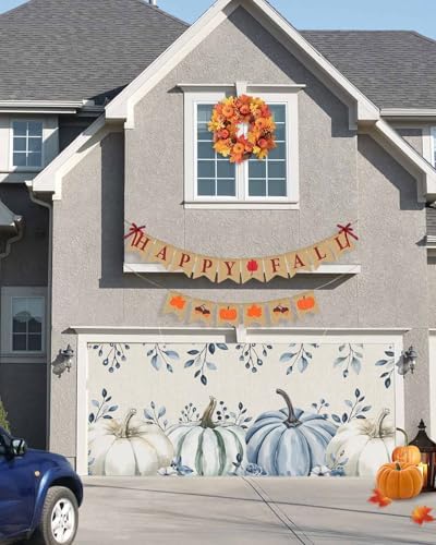 Fall Garage Door Banner 7x8 ft Blue Pumpkin Eucalyptus Leaf