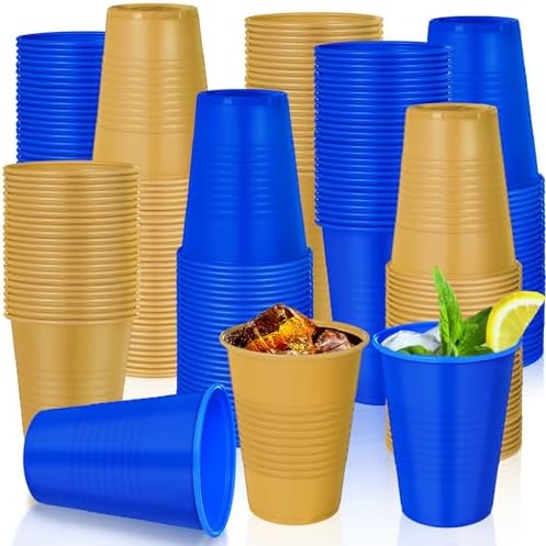 100 Pcs 12 oz Blue and Gold Disposable Cups for Parties
