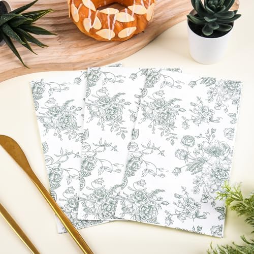 100 Floral Guest Napkins Sage Green and White Toile