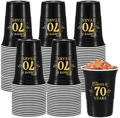 50 Pack 16 oz Gold and Black 70th Birthday Cups