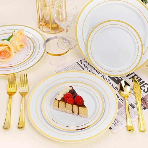 100PCS White Plastic Plates with Gold Rim 1025 Inch