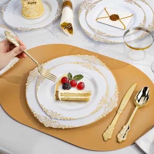 350PCS Gold Plastic Plates for 50 Guests Wedding Party Set