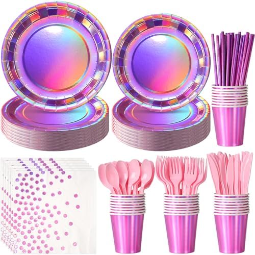 FunnyPars Iridescent Pink Party Plates Set for 25 Guests