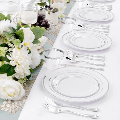 WELLIFE 600 PCS Silver Disposable Dinnerware Set for 100 Guests