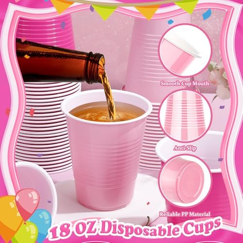 KesaPlan 100PCS 18 oz Plastic Cups Pink Party Disposable