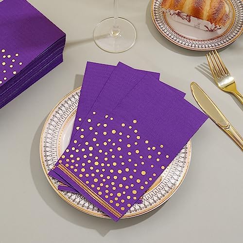 100 Pcs Purple Gold Dot Disposable Napkins for Parties