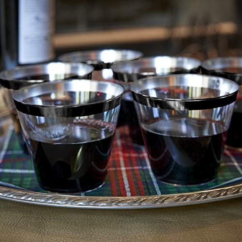 100 Black Rimmed Plastic Cups with Silver Ice Tongs Set