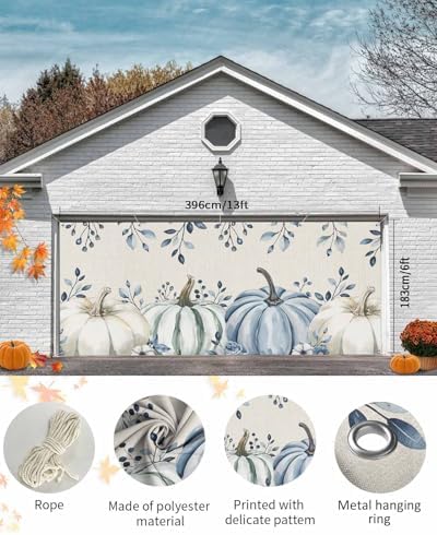 Fall Garage Door Banner 7x8 ft Blue Pumpkin Eucalyptus Leaf