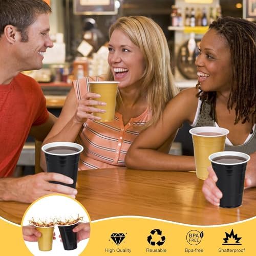 KesaPlan 100PCS 16 oz Plastic Party Cups Black Gold