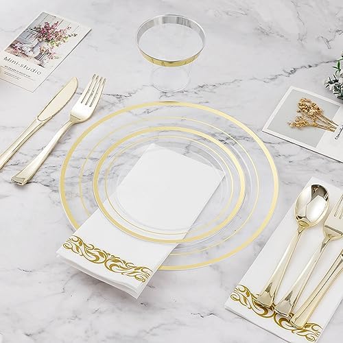 700PCS Clear Gold Disposable Dinnerware Set for 100 Guests