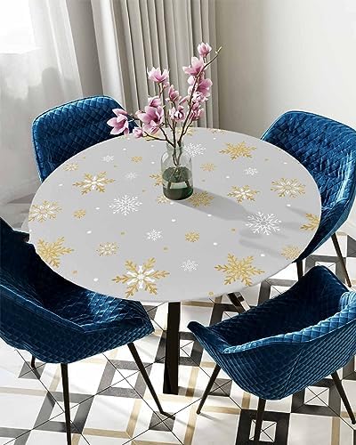 Winter Snowflake Round Waterproof Table Cover Gold Grey White 45-54