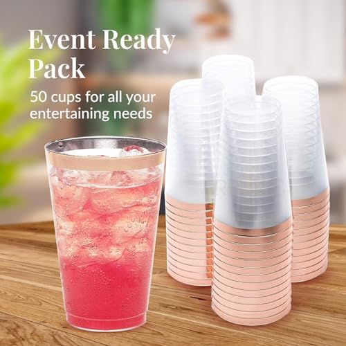 50 Pack Disposable Plastic Cups with Rose Gold Rim