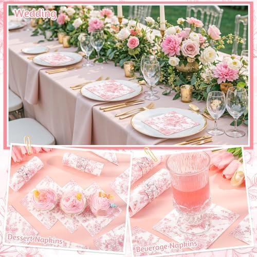 100 Pcs Pink Floral Napkins with White Toile Design